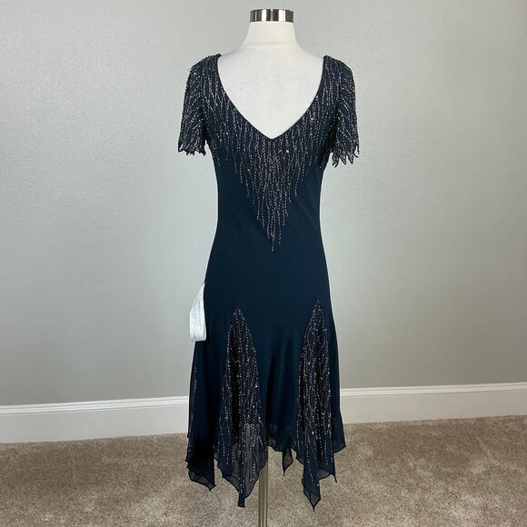 JKara Beaded Chiffon Short Sleeve Fit and Flare Midi Cocktail Dress Blue Size 6 - Picture 6 of 12